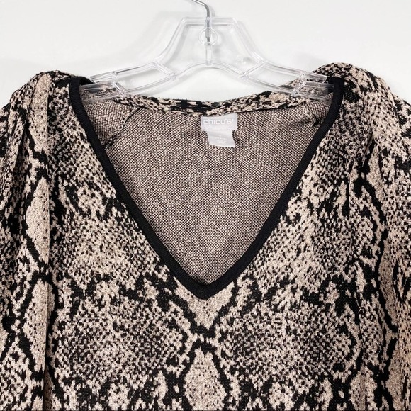 CHICO’S Black & Gold Metallic Reptile Print Tie Neck Sweater Size Large - Picture 2 of 12